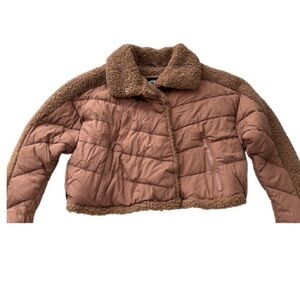 STITCH FUSION cropped barn jacket sz Large, copper brown, sherpa and nylon